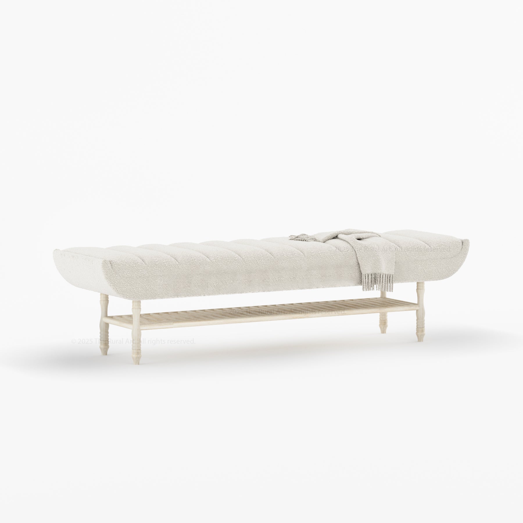 Jasper Boucle Upholstered Bedroom Bench with Turned Wood Legs &amp; Slatted Shelf