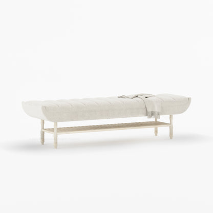 Jasper Boucle Upholstered Bedroom Bench with Turned Wood Legs &amp; Slatted Shelf