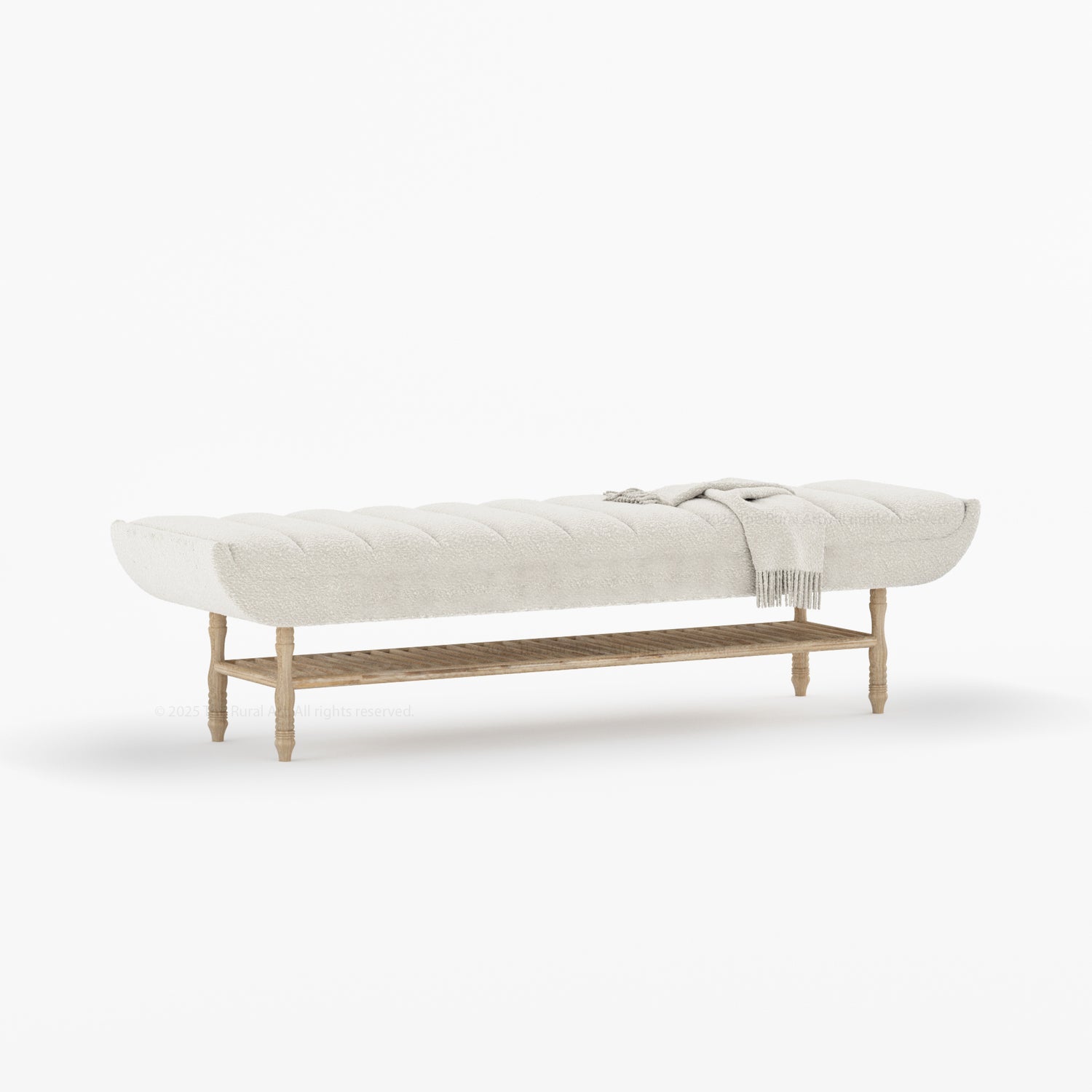 Jasper Boucle Upholstered Bedroom Bench with Turned Wood Legs &amp; Slatted Shelf