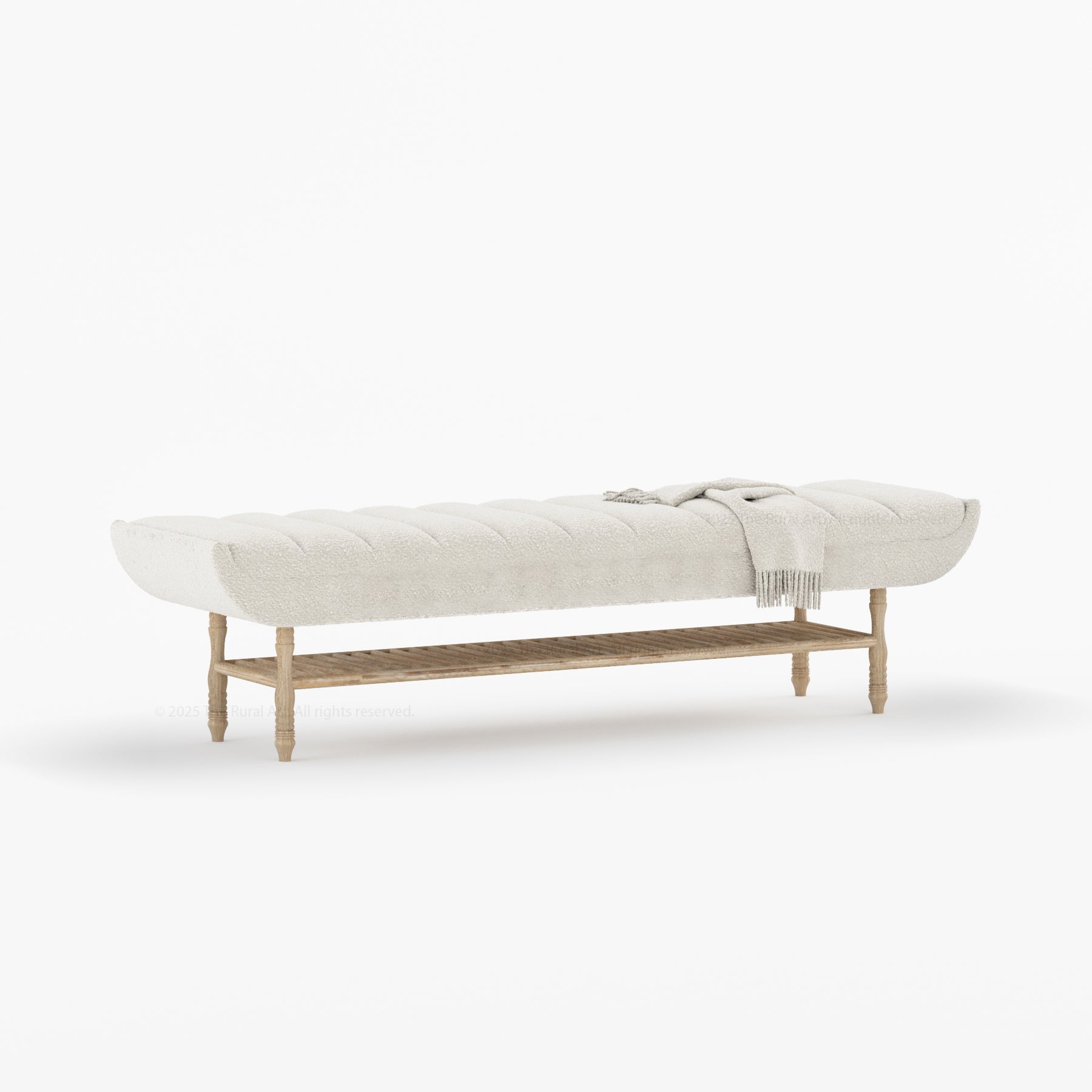 Jasper Boucle Upholstered Bedroom Bench with Turned Wood Legs &amp; Slatted Shelf