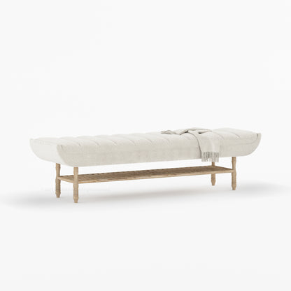 Jasper Boucle Upholstered Bedroom Bench with Turned Wood Legs &amp; Slatted Shelf