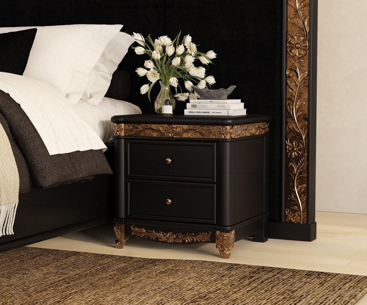 Versailles Grandeur Solid Wood Nightstand with Gold Leaf Carved Details