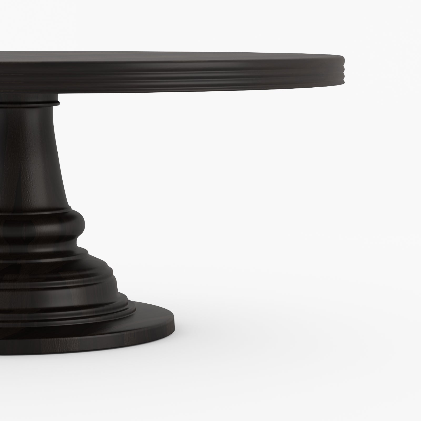 Close-up of a round pedestal table base in a matte black finish, showing the edge of the tabletop and the fluted pedestal on a clean white background.