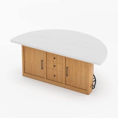 Midland Curved Solid Wood Half Round Kitchen Island with Upholstered Stools &amp; Quartz Top