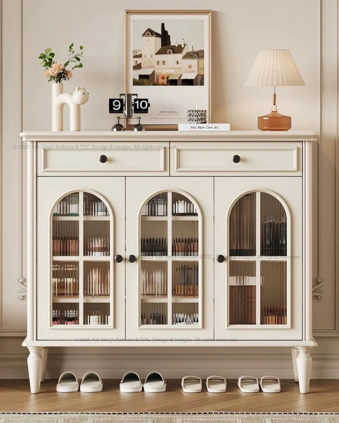 Atmore Vintage White Wooden Storage Cabinet with Glass Doors