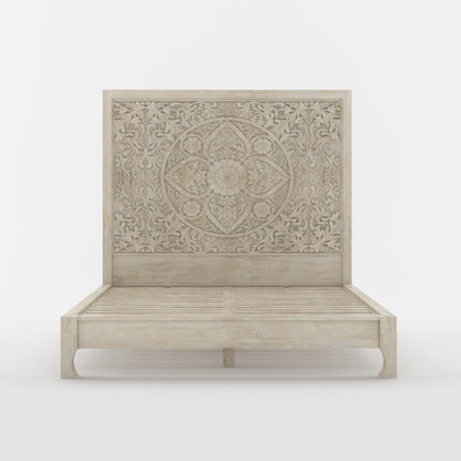 Malibu Solid Wood Platform Bed with Carved Headboard Moroccan Style