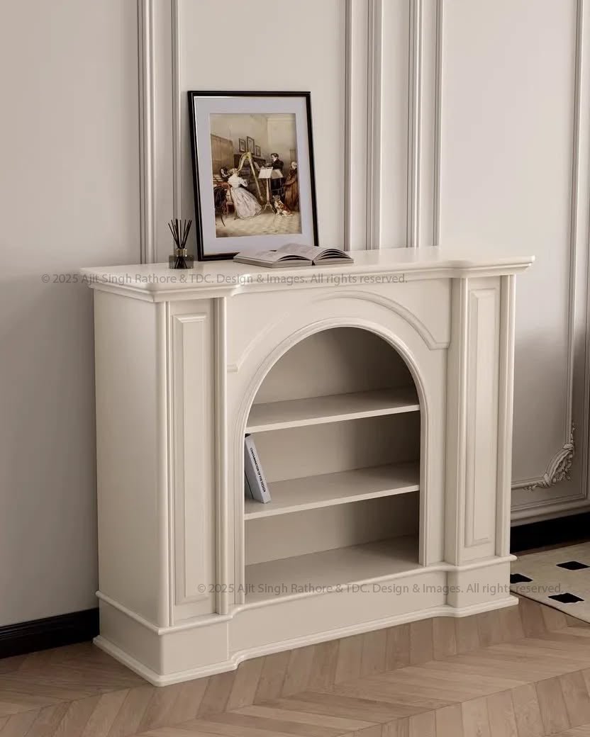 Snow Crest Arched Bookshelf Display Unit with Fireplace Mantel Design