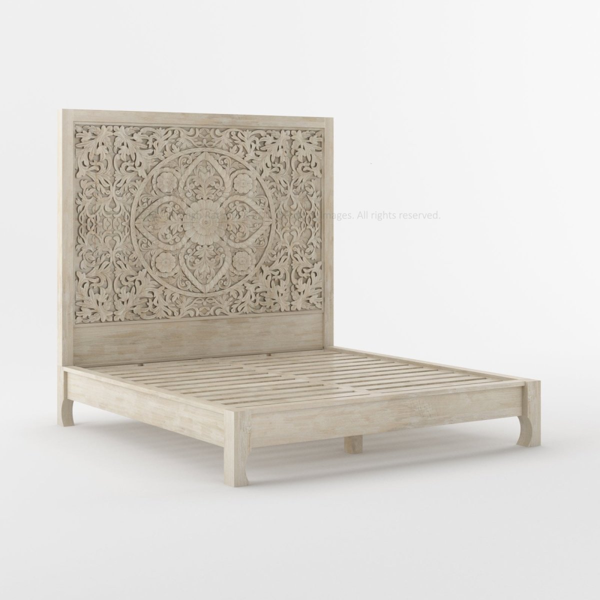 Malibu Solid Wood Platform Bed with Carved Headboard Moroccan Style