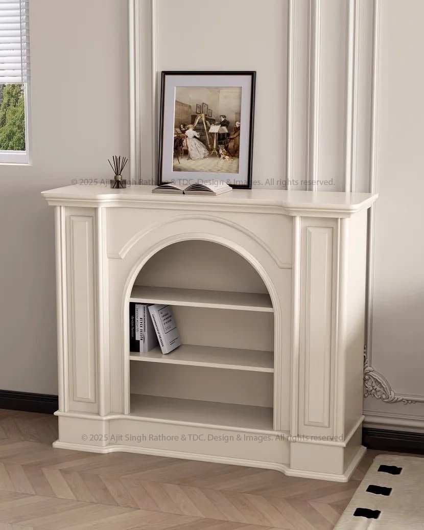 Snow Crest Arched Bookshelf Display Unit with Fireplace Mantel Design