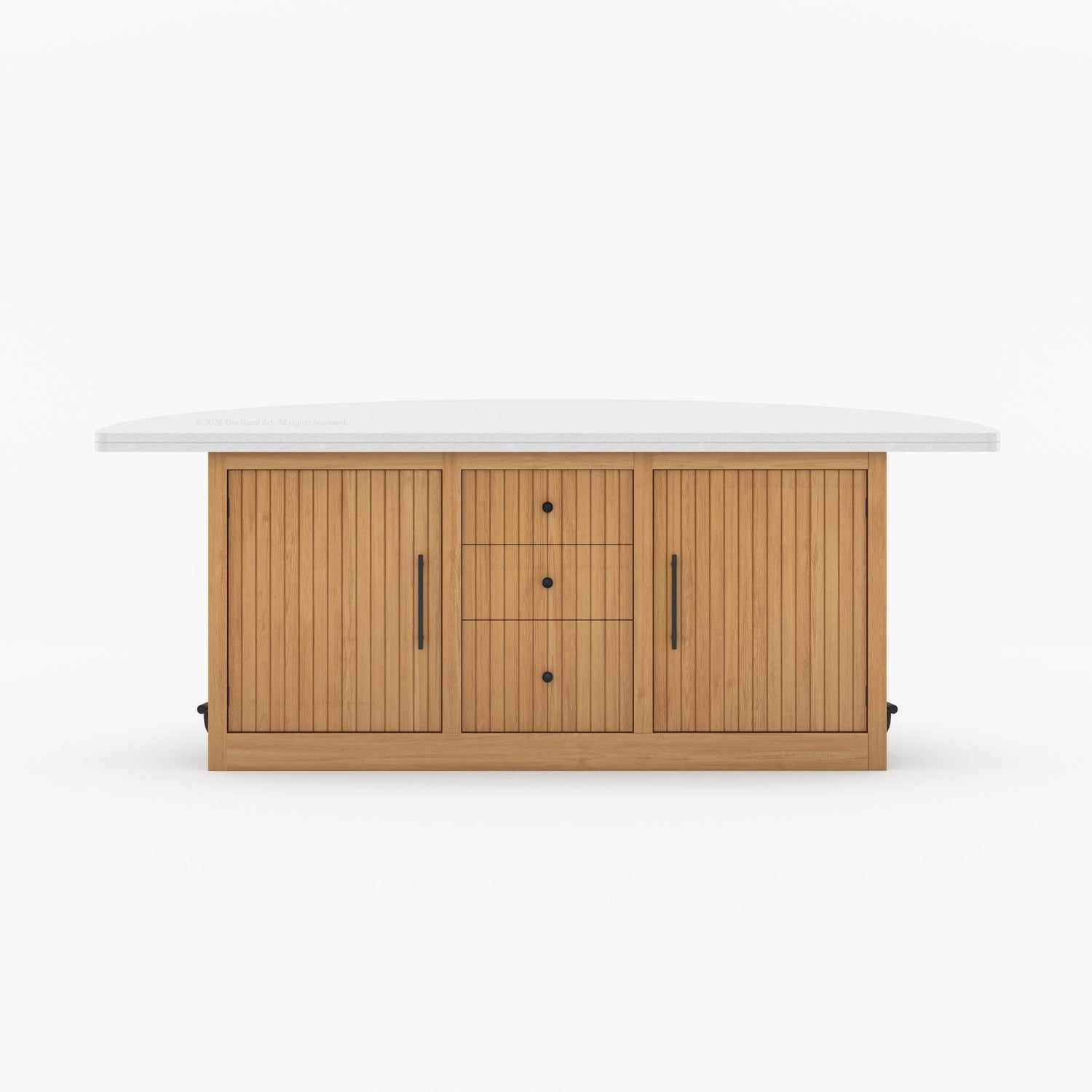 Midland Curved Solid Wood Half Round Kitchen Island with Upholstered Stools &amp; Quartz Top
