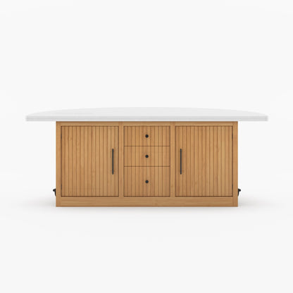 Midland Curved Solid Wood Half Round Kitchen Island with Upholstered Stools &amp; Quartz Top