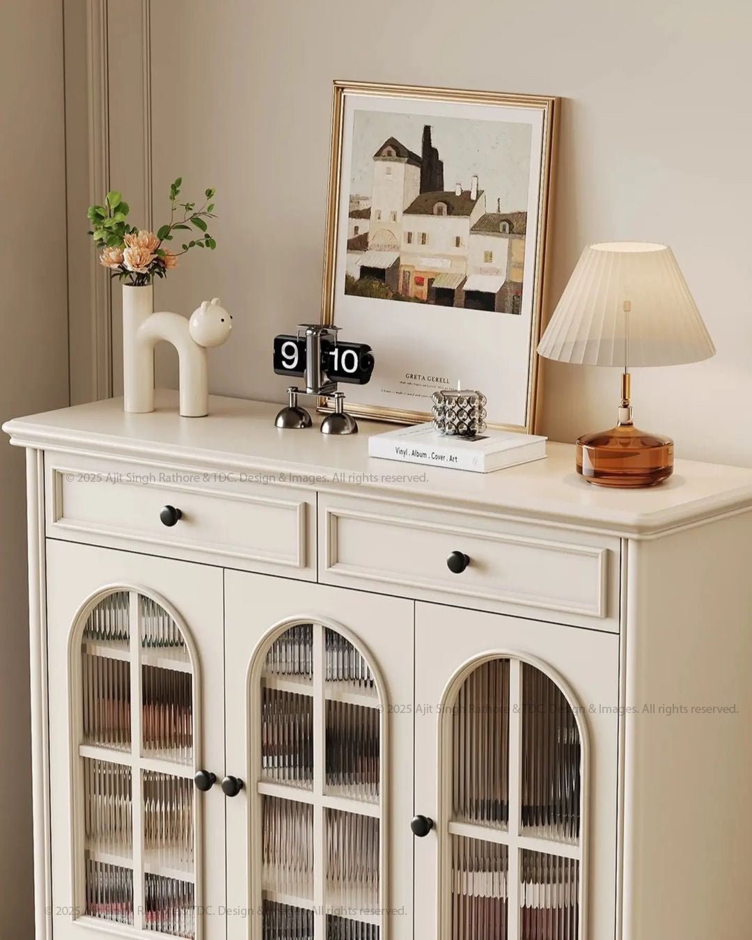 Atmore Vintage White Wooden Storage Cabinet with Glass Doors