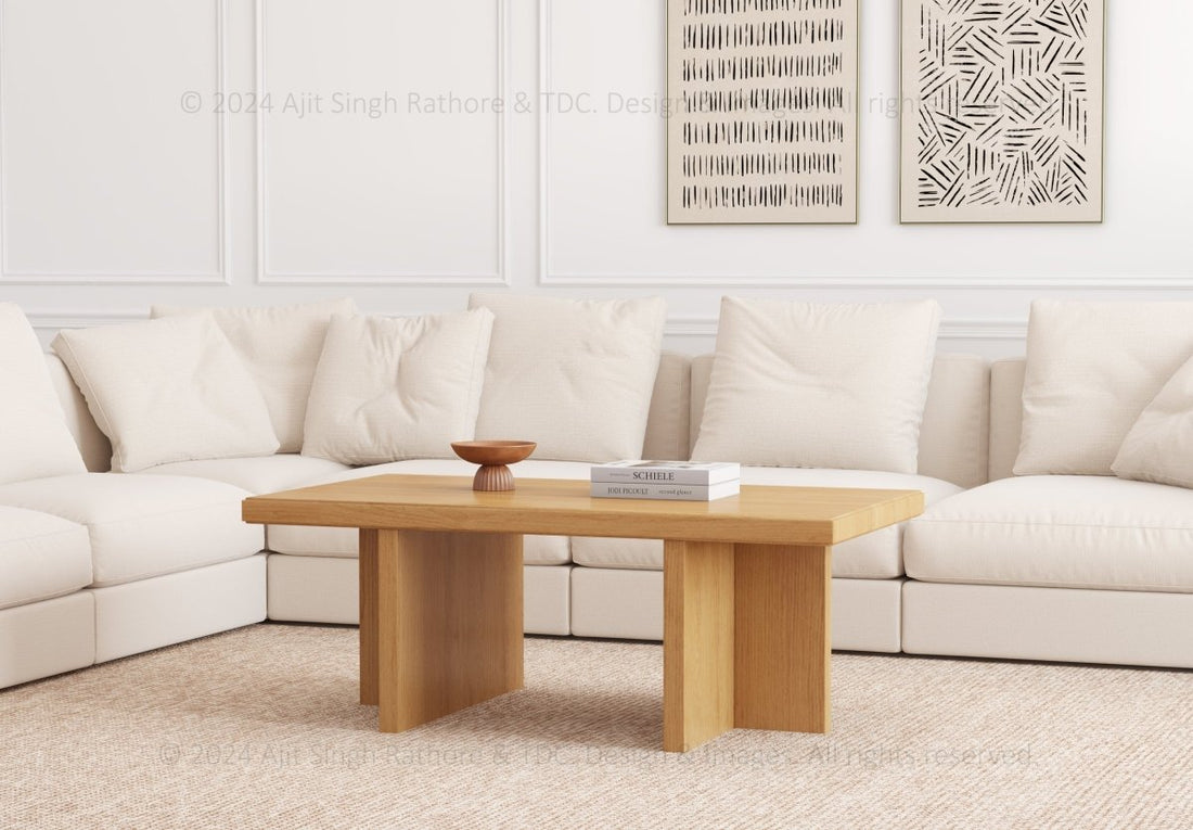 Marion Teak Wood Rectangular Coffee Table with T-Shaped Pedestal Legs