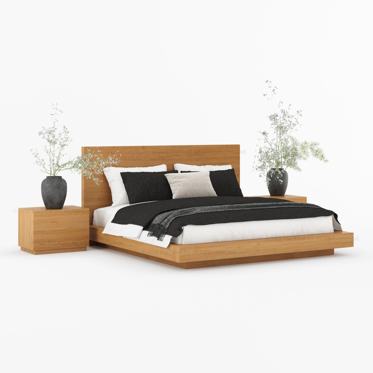 Kingston Modern Solid Wood Platform Bedroom Set with Nightstand, Dresser, Bench and Mirror