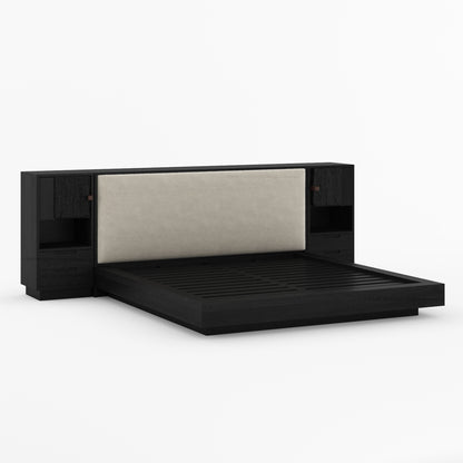 Nome Modern Solid Wood Storage Platform Bed with Upholstered Headboard &amp; Nightstands
