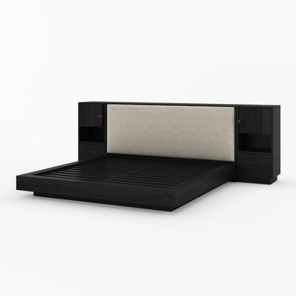 Nome Modern Solid Wood Storage Platform Bed with Upholstered Headboard &amp; Nightstands