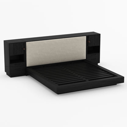 Nome Modern Solid Wood Storage Platform Bed with Upholstered Headboard &amp; Nightstands