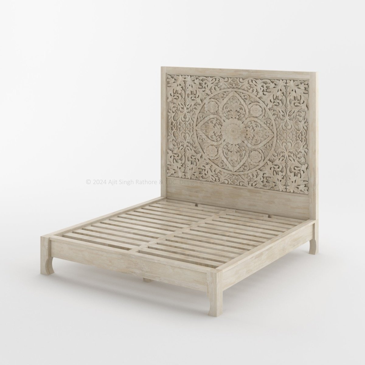 Malibu Solid Wood Platform Bed with Carved Headboard Moroccan Style