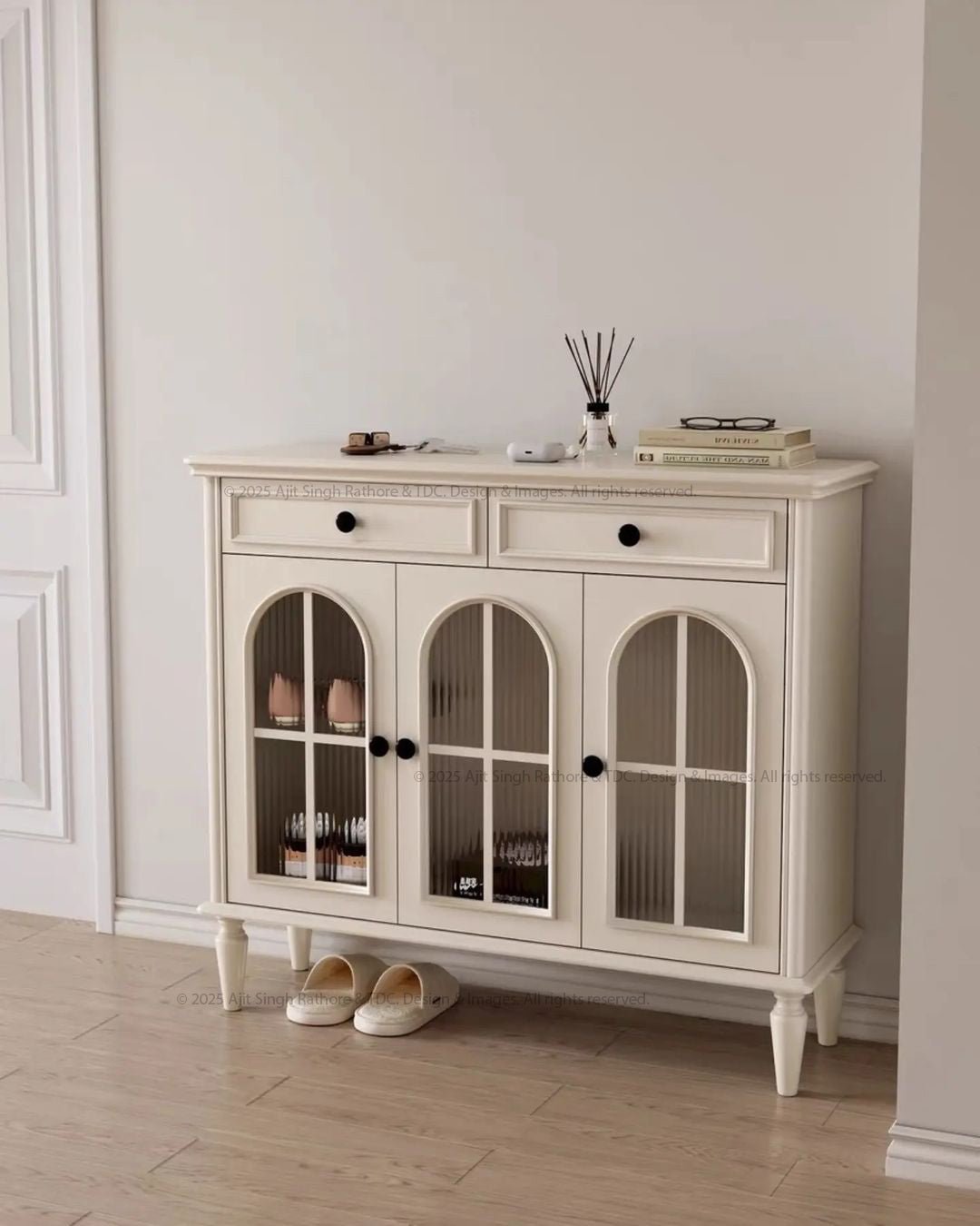 Atmore Vintage White Wooden Storage Cabinet with Glass Doors