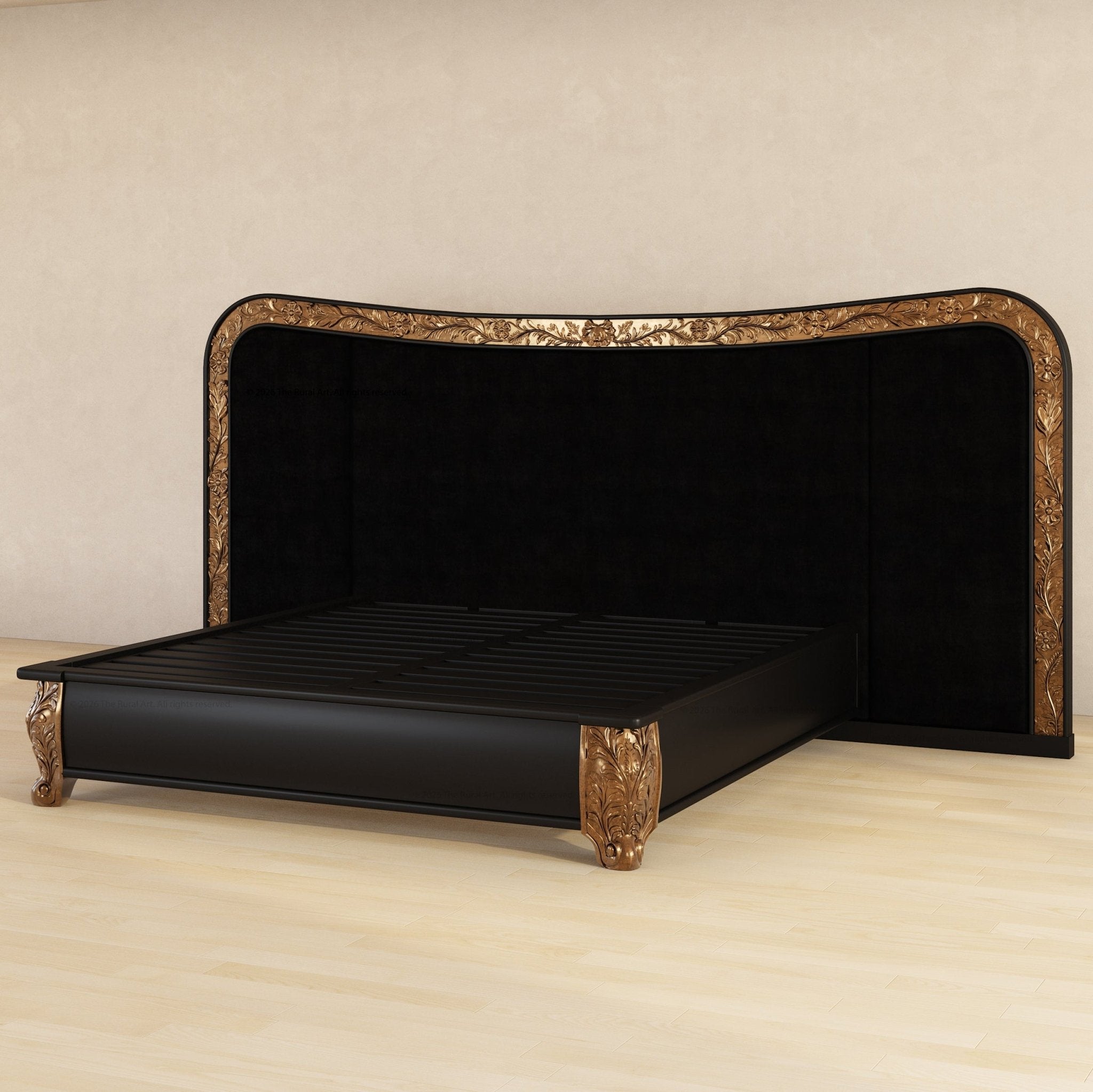 Versailles Grandeur Extra-Wide Velvet Bed with Gold Leaf Carvings