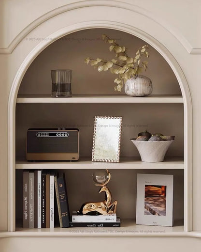 Snow Crest Arched Bookshelf Display Unit with Fireplace Mantel Design