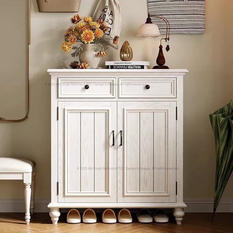 Rustic White Solid Wood Shoe Cabinet with Storage