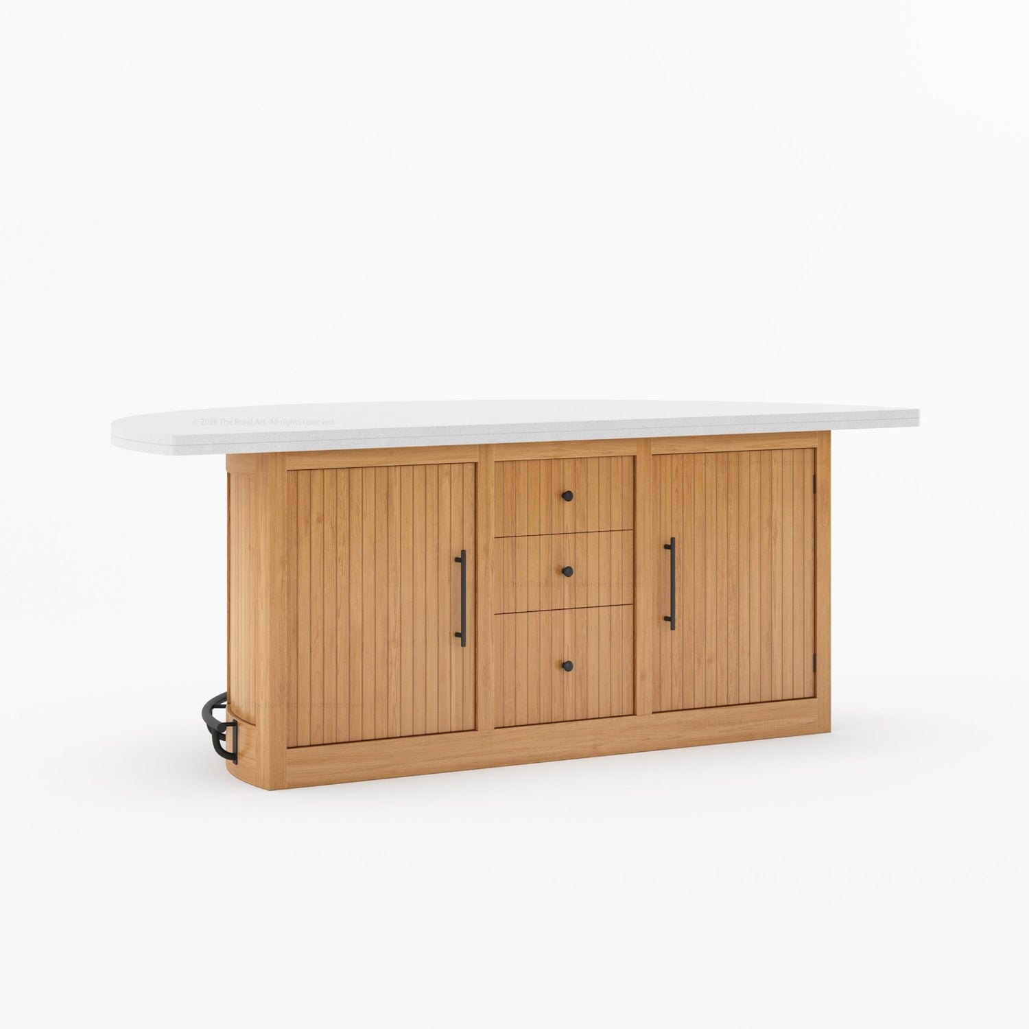 Midland Curved Solid Wood Half Round Kitchen Island with Upholstered Stools &amp; Quartz Top