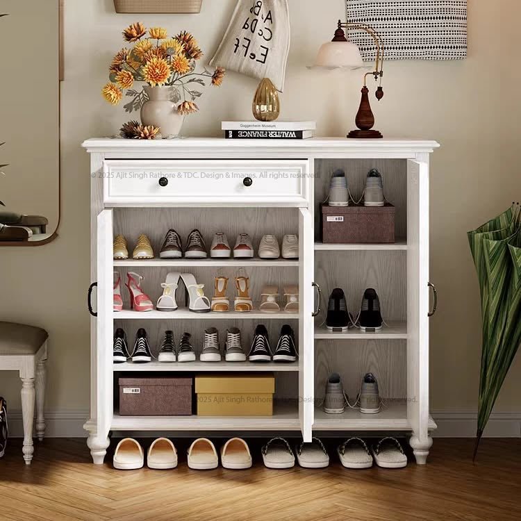 Rustic White Solid Wood Shoe Cabinet with Storage