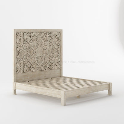 Malibu Solid Wood Platform Bed with Carved Headboard Moroccan Style