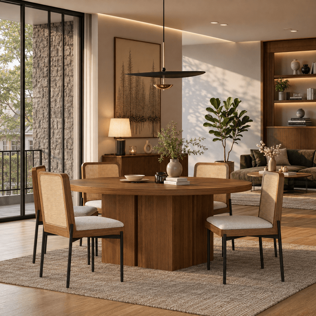 Ozark Round Wooden Pedestal Dining Table with Cane-Back Upholstered Chairs