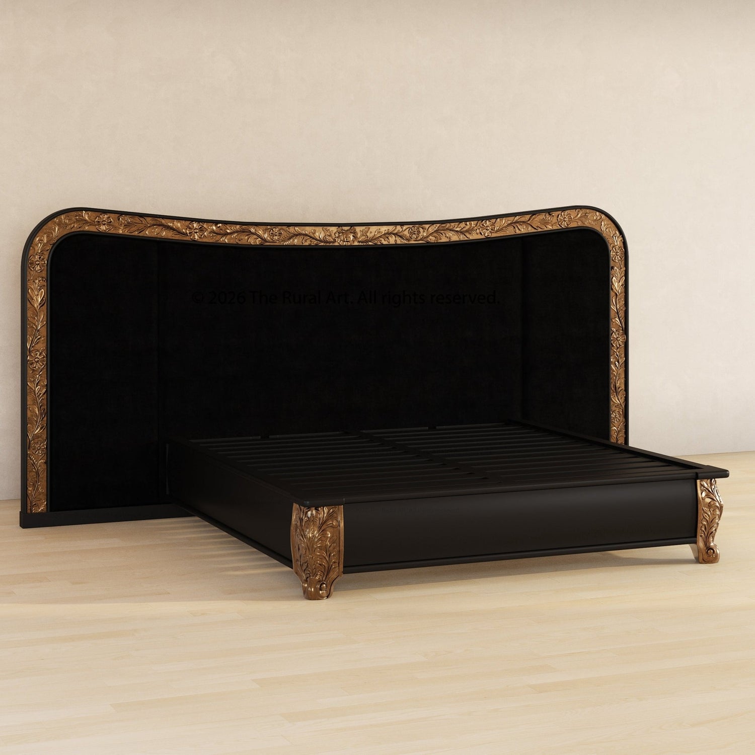 Versailles Grandeur Extra-Wide Velvet Bed with Gold Leaf Carvings