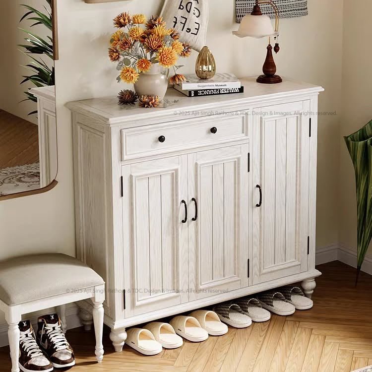 Rustic White Solid Wood Shoe Cabinet with Storage