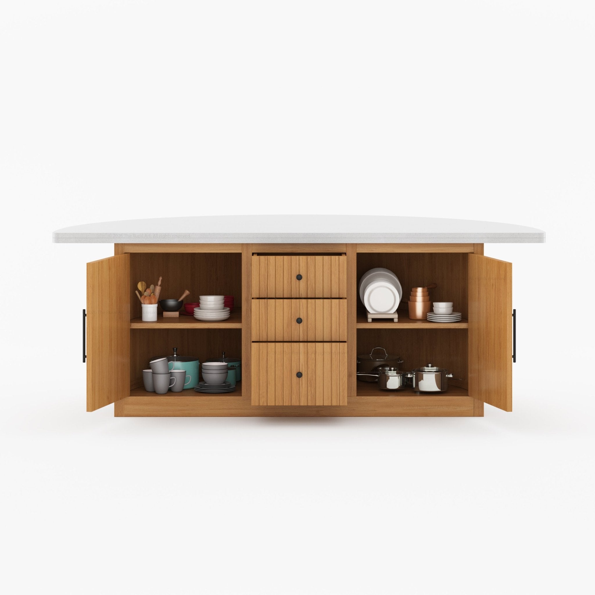 Midland Curved Solid Wood Half Round Kitchen Island with Upholstered Stools &amp; Quartz Top