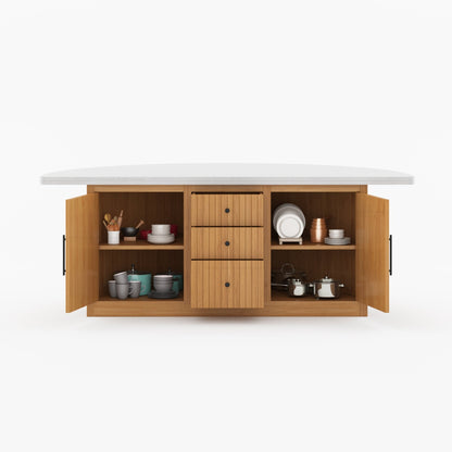 Midland Curved Solid Wood Half Round Kitchen Island with Upholstered Stools &amp; Quartz Top