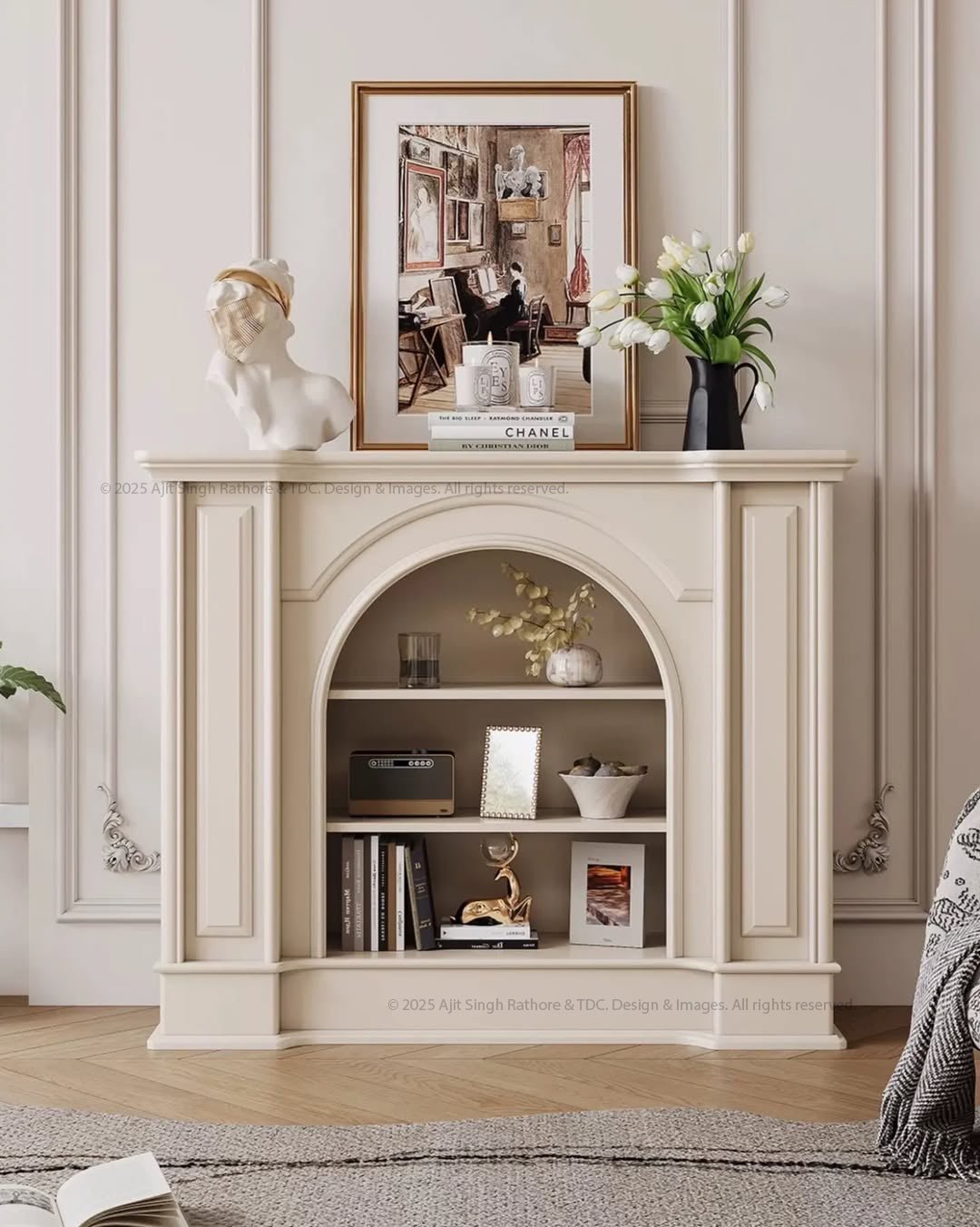 Snow Crest Arched Bookshelf Display Unit with Fireplace Mantel Design