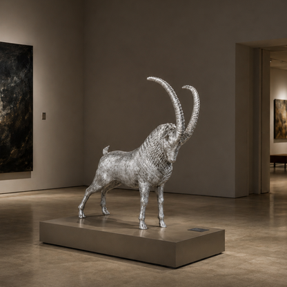A silver metallic sculpture of a horned animal standing on a rectangular pedestal in a gallery space with warm-toned walls and floor.