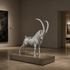 A silver metallic sculpture of a horned animal standing on a rectangular pedestal in a gallery space with warm-toned walls and floor.