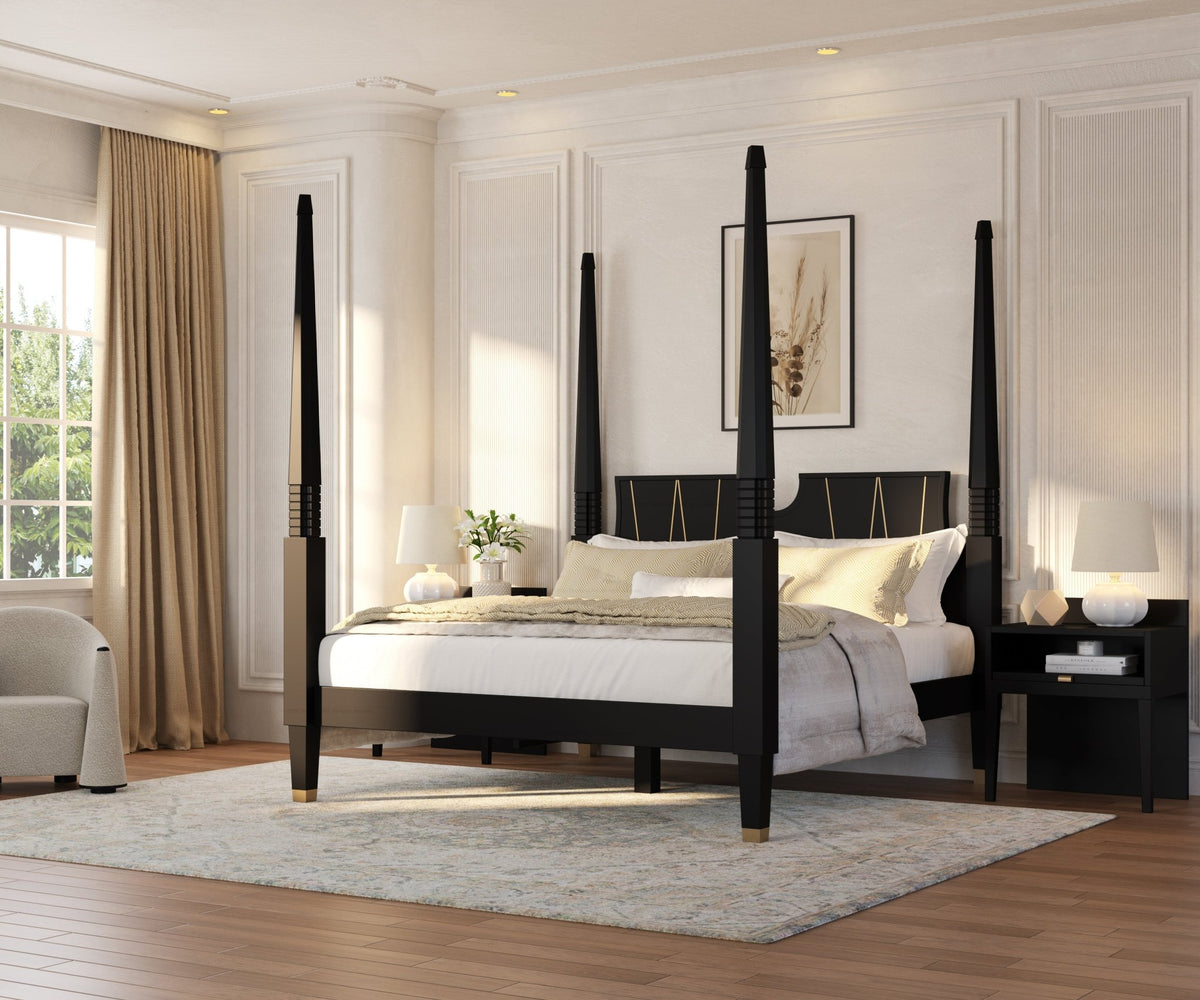 Troy Solid Wood Four Poster Bed Set with Brass Accents