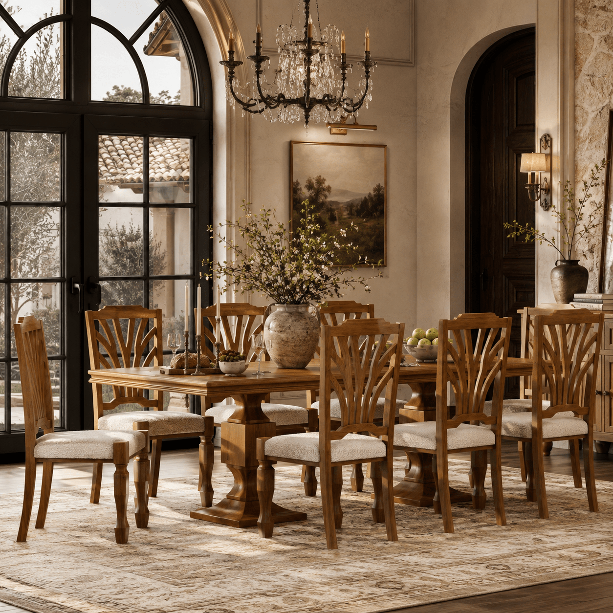 Carlsbad Solid Wood Double Pedestal Dining Table Set with Upholstered Sunburst Chairs
