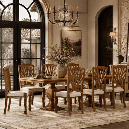 Carlsbad Solid Wood Double Pedestal Dining Table Set with Upholstered Sunburst Chairs