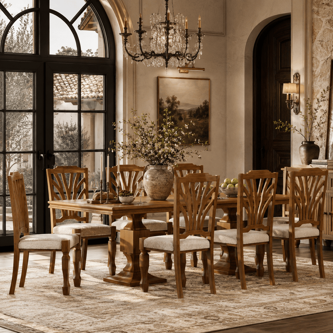 Carlsbad Solid Wood Double Pedestal Dining Table Set with Upholstered Sunburst Chairs
