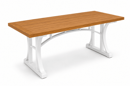 Troy Dual-Tone Solid Teak Wood Dining Table with Slatted Top &amp; Sculptural Arched Trestle Base