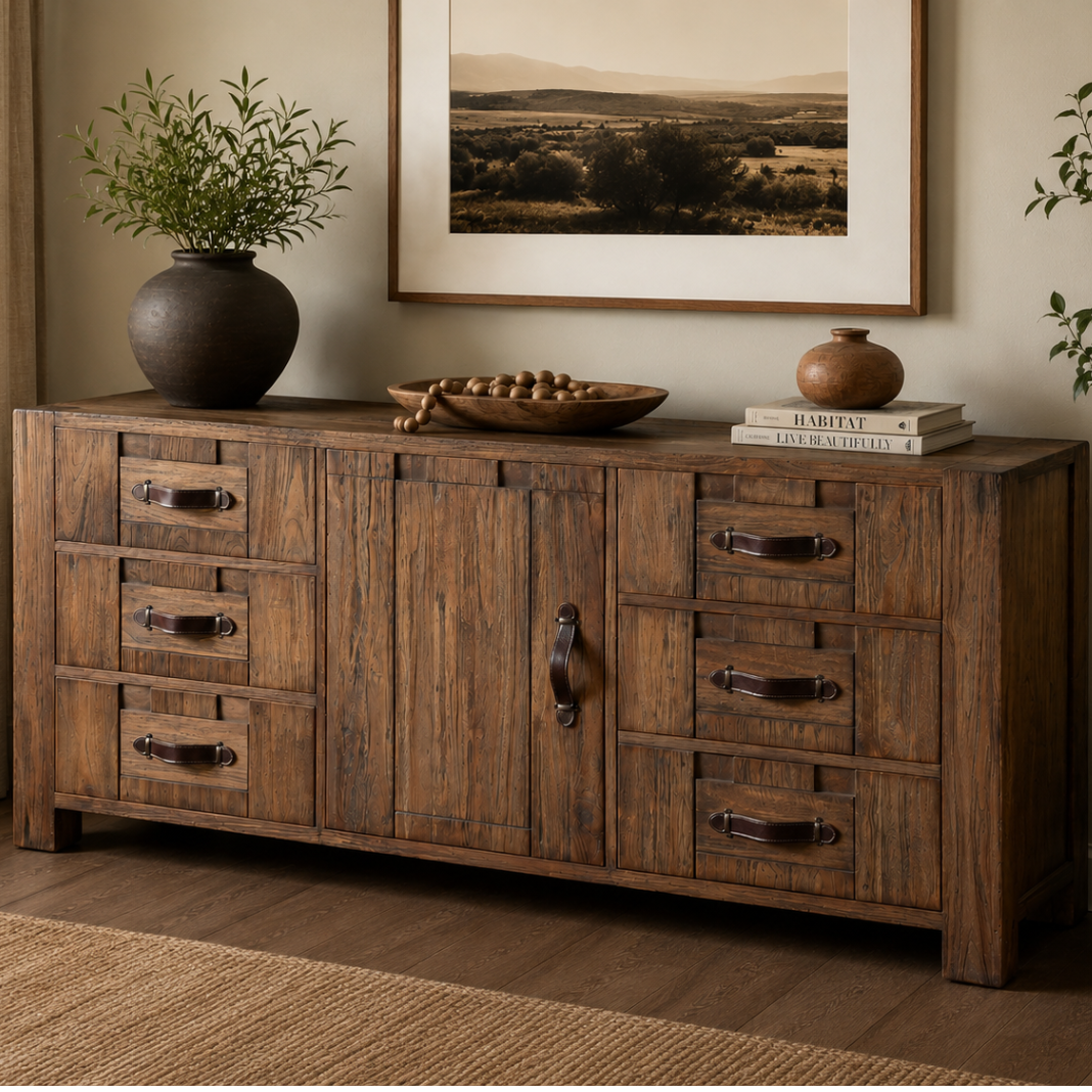reclaimed teak wood sideboard with 6 drawers with leather handpull
