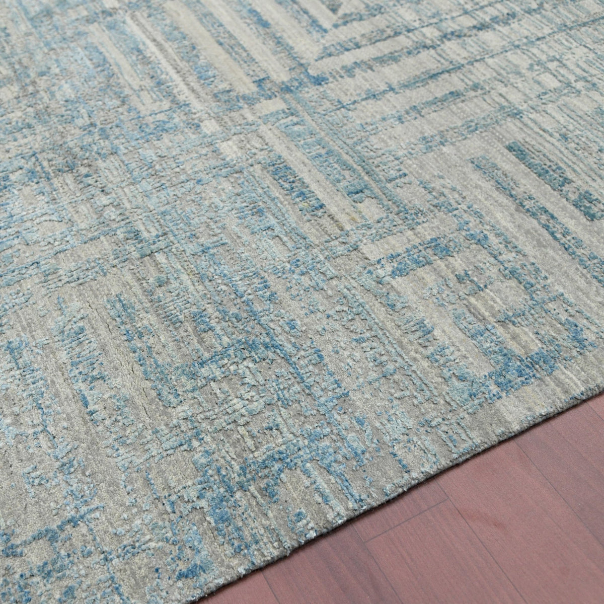 Stockholm Mist Abstract Linear Distressed Hand-Knotted Wool &amp; Silk Rug