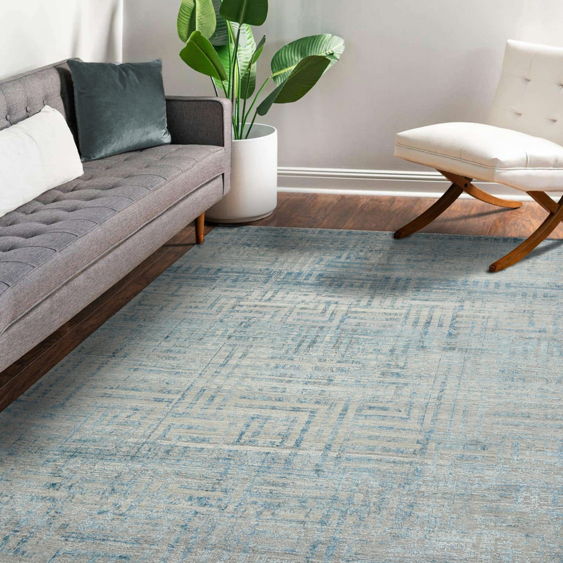 Stockholm Mist Abstract Linear Distressed Hand-Knotted Wool &amp; Silk Rug