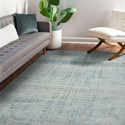 Stockholm Mist Abstract Linear Distressed Hand-Knotted Wool &amp; Silk Rug