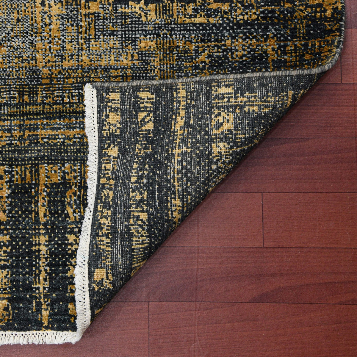 Milan Noir Abstract Grid Distressed Hand-Knotted Wool &amp; Silk Rug