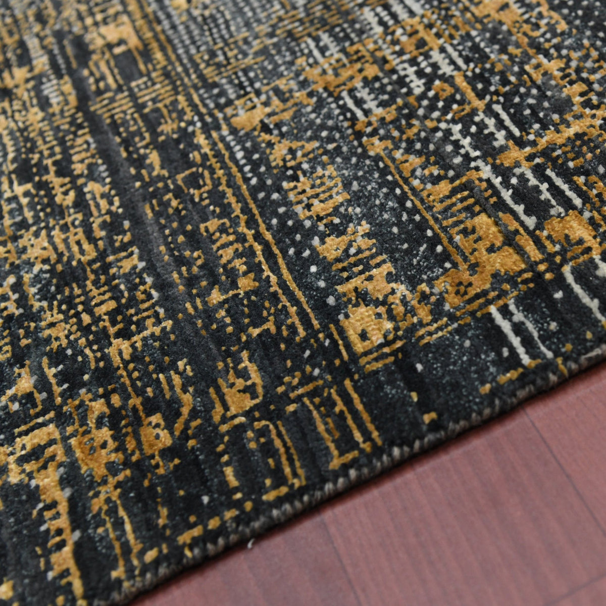 Milan Noir Abstract Grid Distressed Hand-Knotted Wool &amp; Silk Rug