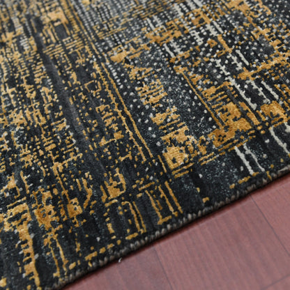 Milan Noir Abstract Grid Distressed Hand-Knotted Wool &amp; Silk Rug