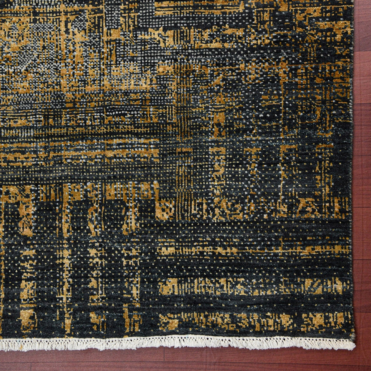 Milan Noir Abstract Grid Distressed Hand-Knotted Wool &amp; Silk Rug
